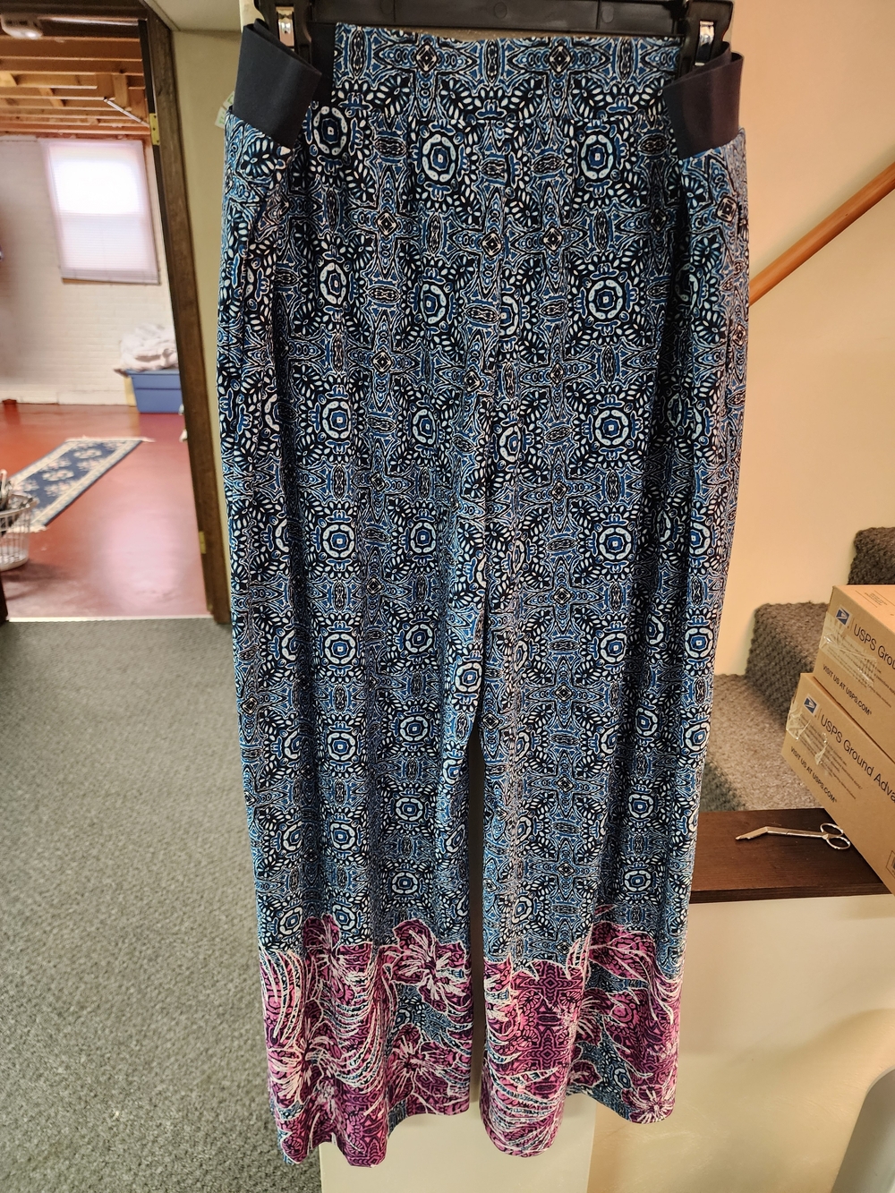 Ruby Rd Sz Xl Women's Blue Patterned Wide-Leg Palazzo Pantswith Pink Border